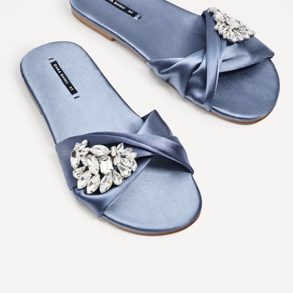 Zara blue satin slides with gem buckle - Picture 2 of 4